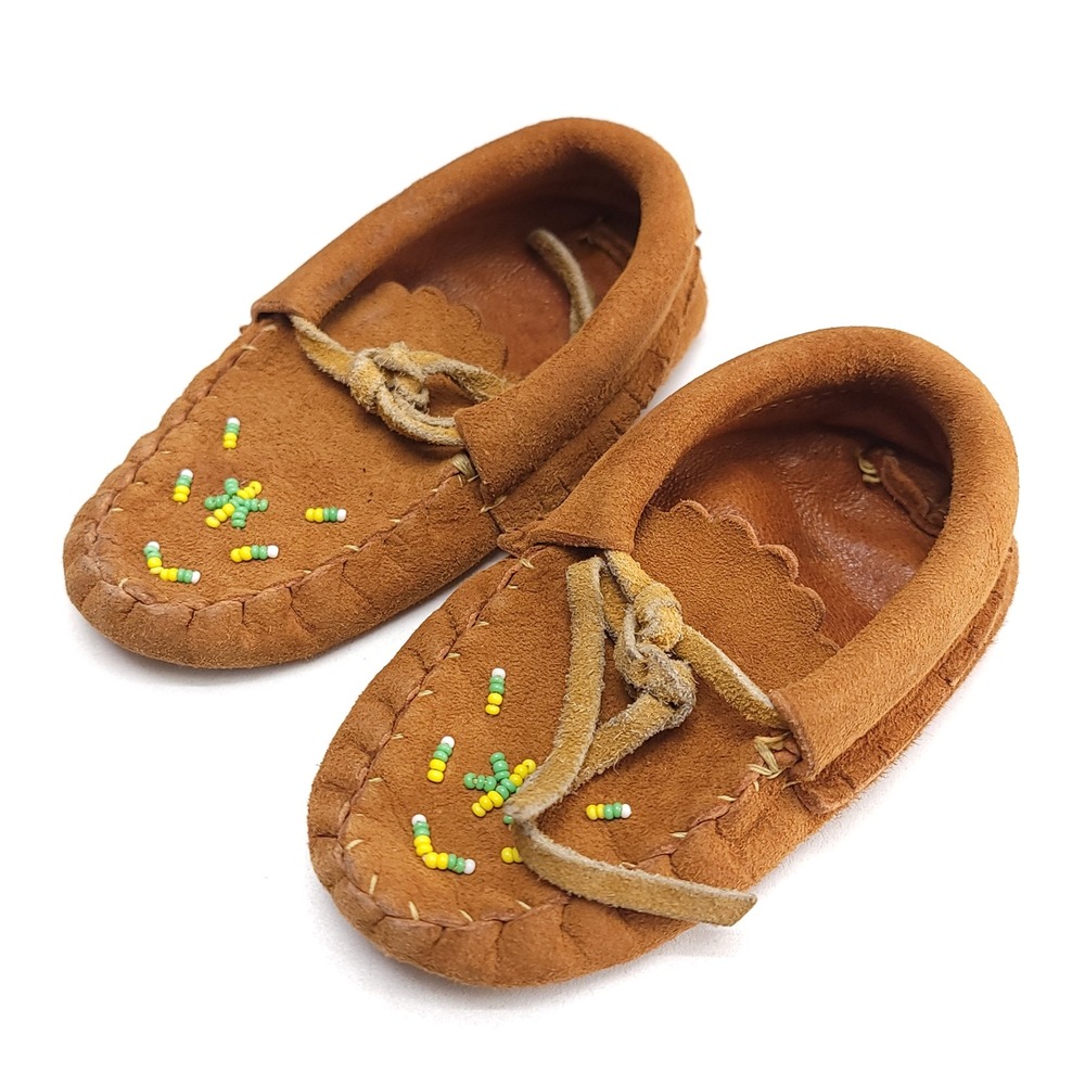 Handmade Beaded Leather Baby Moccasins Brown Suede‎ Soft Sole Infant Shoes 5 In
